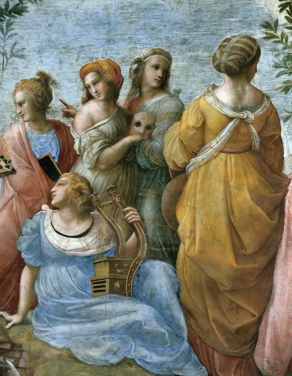 Parnassus. Yksityiskohta. Fresko Stanza della Segnaturassa, noin 1510-1511. tekijältä Raphael