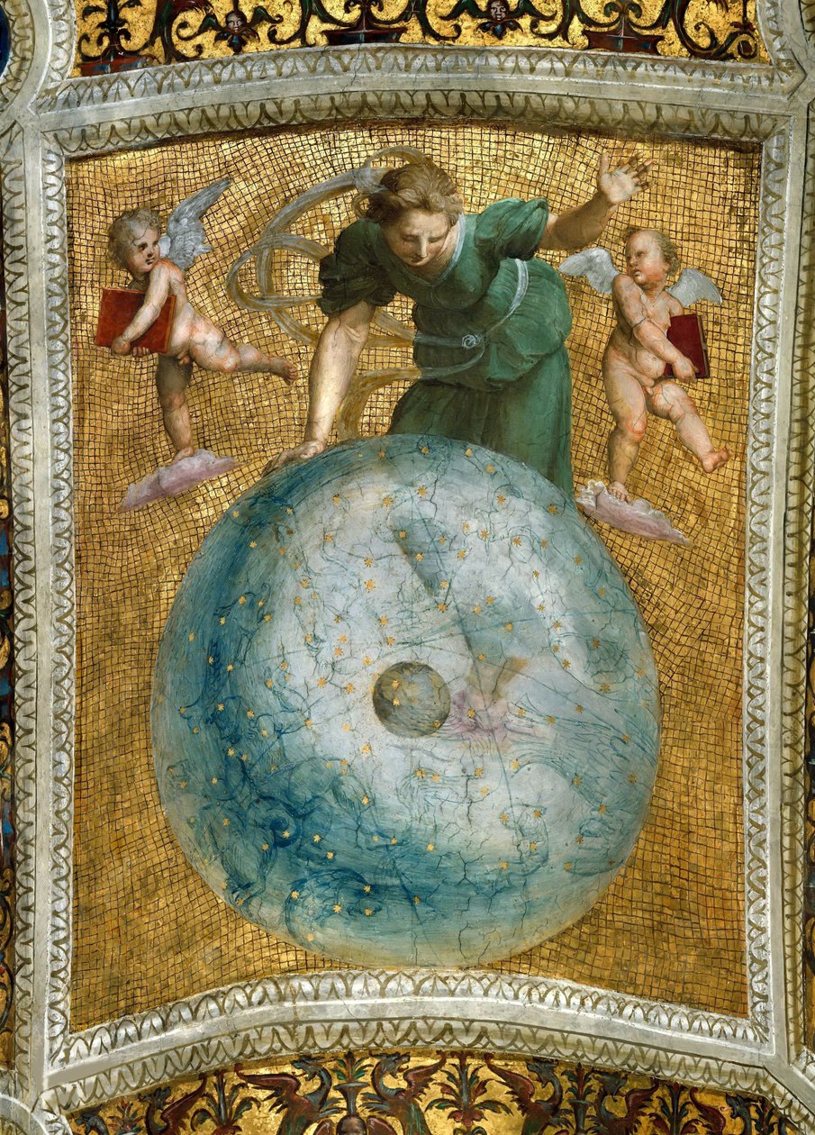 Primum matkapuhelin. Kattofresco Stanza della Segnaturassa, noin 1510-1511. tekijältä Raphael