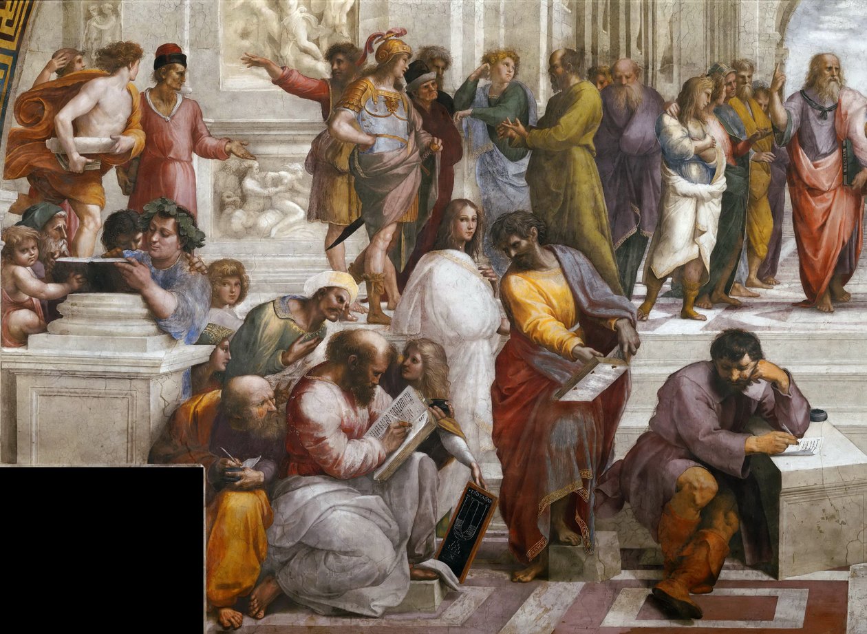 Ateenan koulu. Yksityiskohta. Fresko Stanza della Segnaturassa, noin 1510-1511. tekijältä Raphael