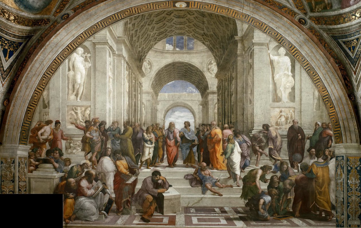 Ateenan koulu. Fresko Stanza della Segnaturassa, noin 1510-1511. tekijältä Raphael