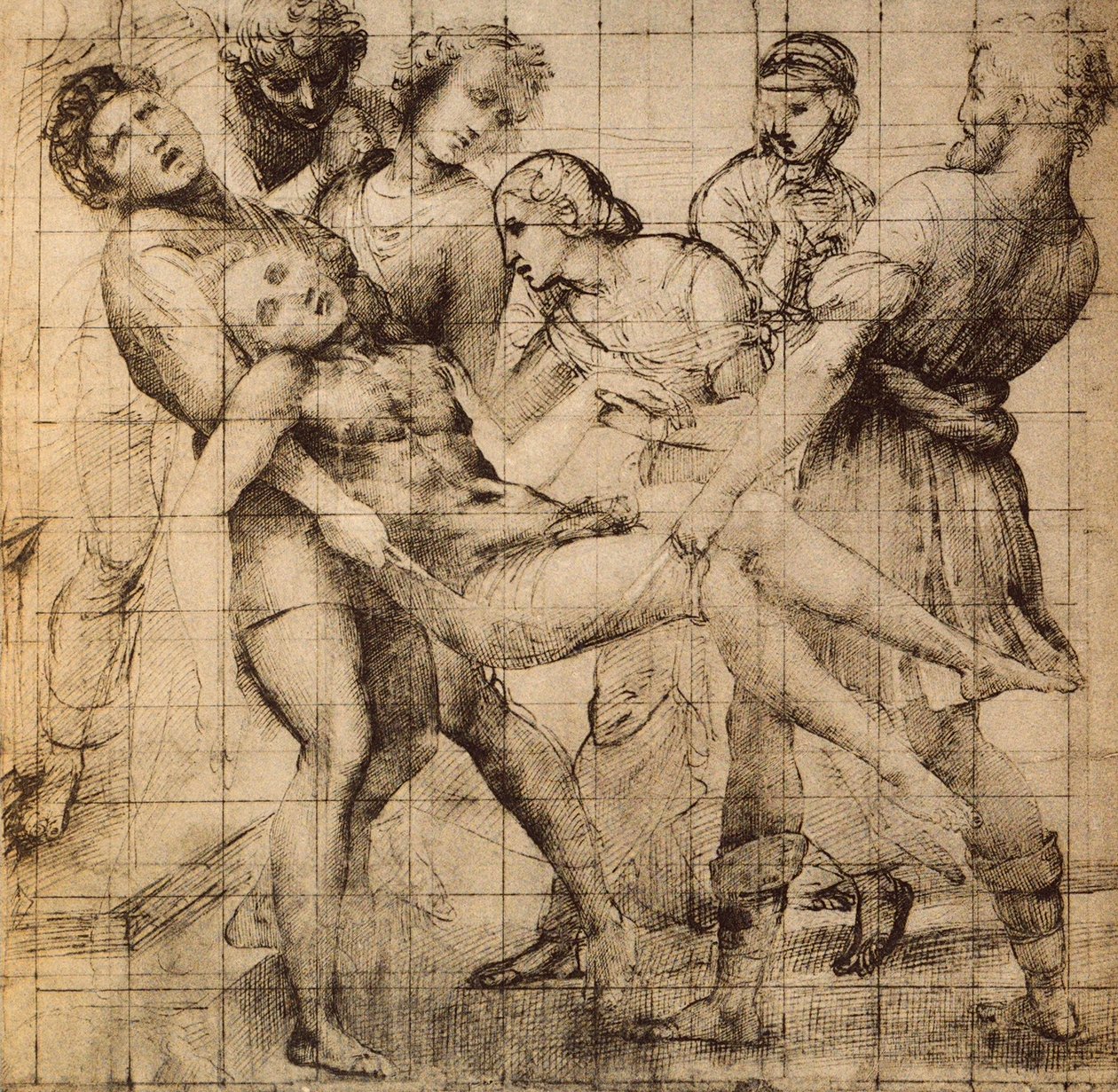 Valmisteleva piirustus Kuolleen Kristuksen kuljetusta varten, joka tunnetaan myös nimellä pala Baglioni; Rafaelin työ. Piirustusten ja tulosteiden kaappi, Uffizi, Firenze tekijältä Raffaello Sanzio Raphael