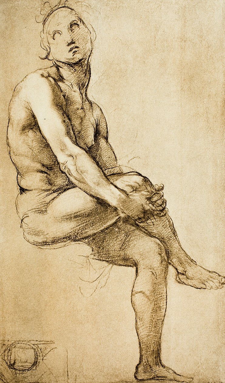 Tutkimus ihmishahmosta, Raphaelin piirustus, Piirustus- ja grafiikkakaappi, Uffizi-galleria, Firenze tekijältä Raffaello Sanzio Raphael