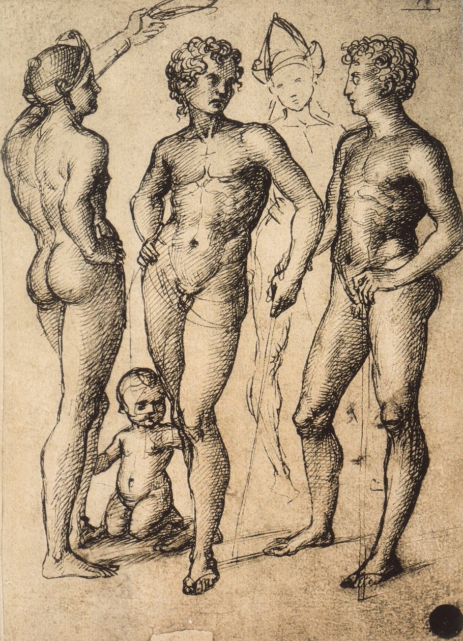 Tutkimus neljästä mieshahmosta ja vauvasta; piirustus Raphael. Gallerie dellAccademia, Venetsia tekijältä Raffaello Sanzio Raphael