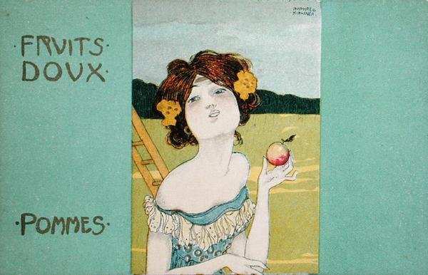 "Omenat, makeat hedelmät", postikortti, n. 1900 (litho) tekijältä Raphael Kirchner
