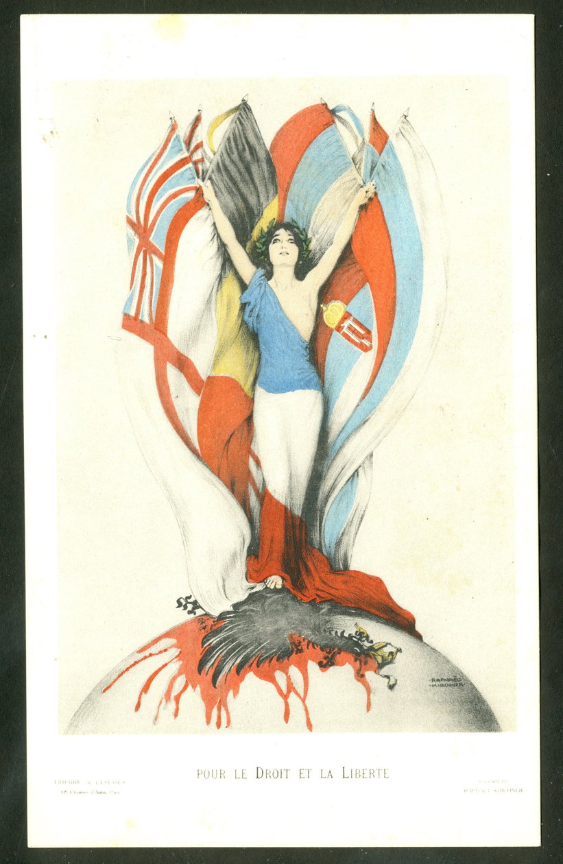 Postal, color satíric: per la llei i la llibertat - Guerra del 14 al 18, Aliats, Banderes - Àguila Il·lustració de Kirchner (1876-1917) finlandès tekijältä Raphael Kirchner