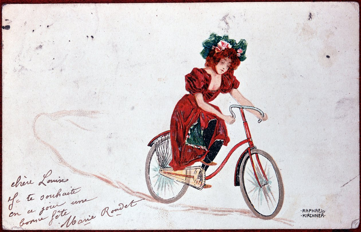 Postikortti naisesta pyörällä - kuvitus R. Kirchner, v.1900 tekijältä Raphael Kirchner