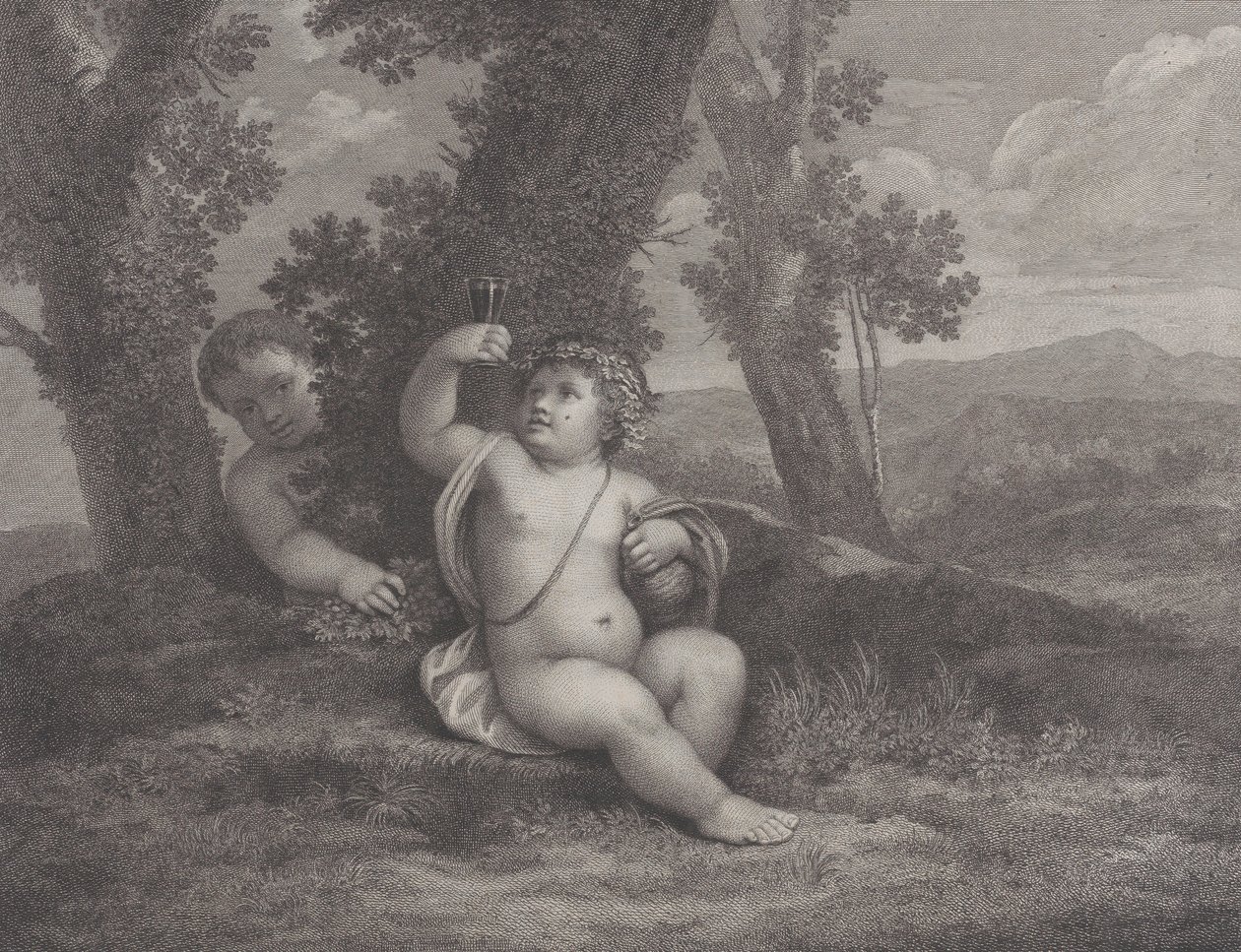 Bacchus-lapsi istuu puun alla, viinilasia ylhäällä, toinen lapsi takana..., 1780 tekijältä Raphael Morghen