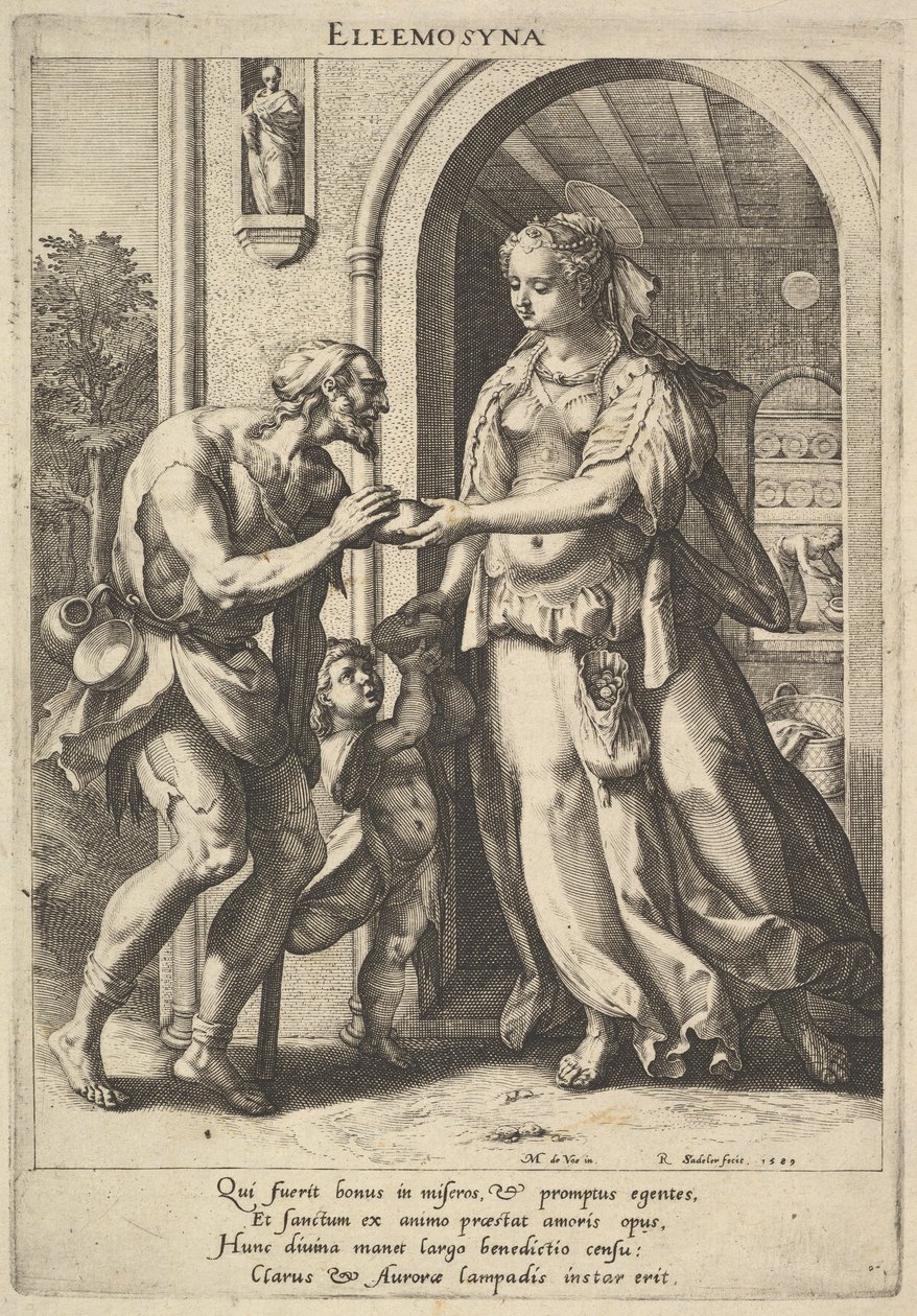Almujen antaja: helmipäähine ja halo nainen ojentaa leipää kahdelle mieskerjäläiselle, yhdelle..., 1589. tekijältä Raphael Sadeler