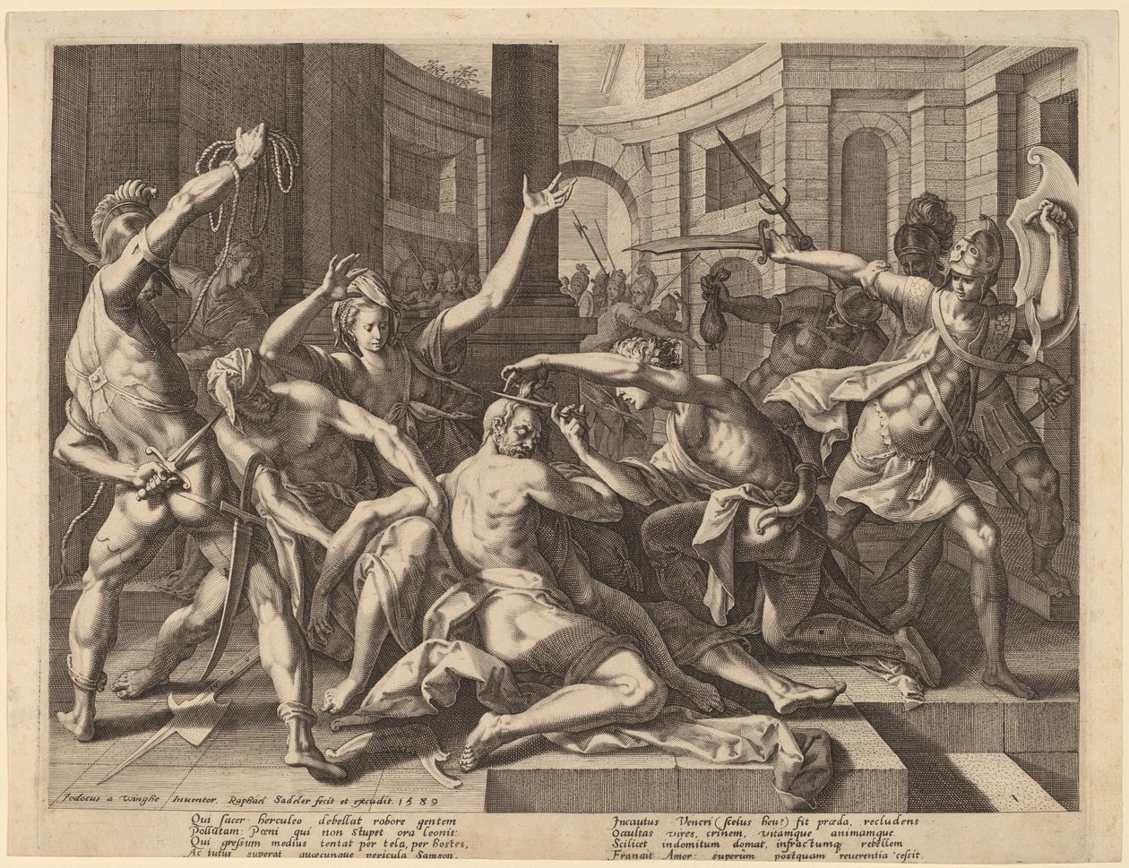 Delilah leikkaa Simsonin hiuksia, 1589. tekijältä Raphael Sadeler