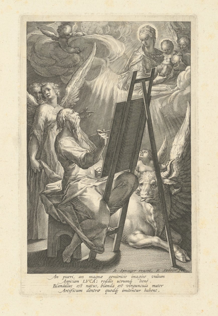 Pyhä Luukas maalaa neitsyen tekijältä Raphael Sadeler I, after Bartholomaeus Spranger