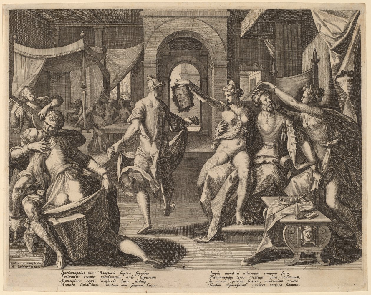 Sardanapalus jalkavaimojen joukossa tekijältä Raphael Sadeler I after Joos van Winghe