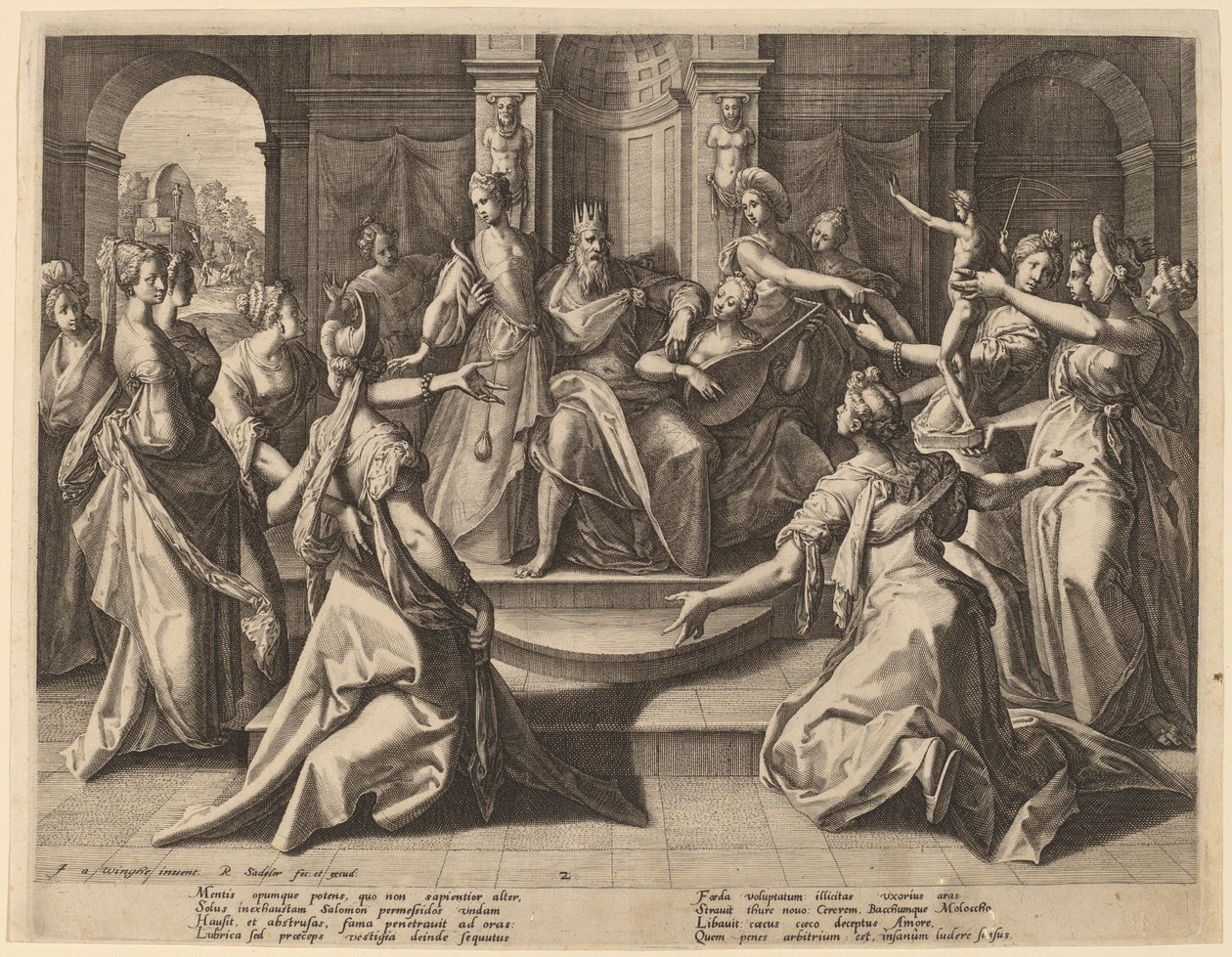 Salomo johti vaimonsa epäjumalanpalvelukseen tekijältä Raphael Sadeler I after Joos van Winghe