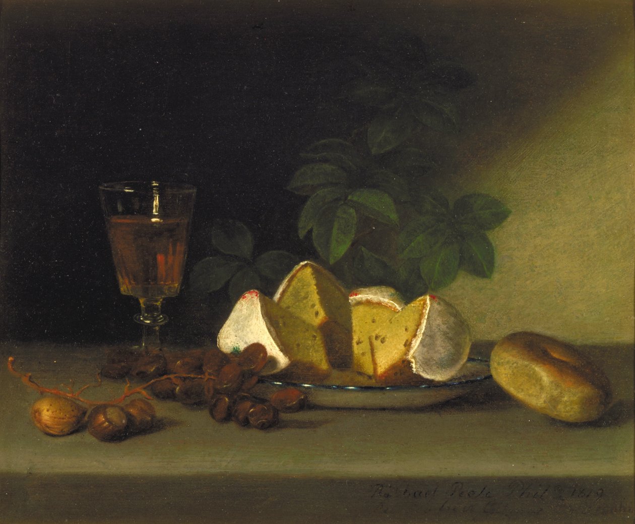 Asetelma viinin, kakun ja pähkinöiden kanssa, 1819 tekijältä Raphaelle Peale