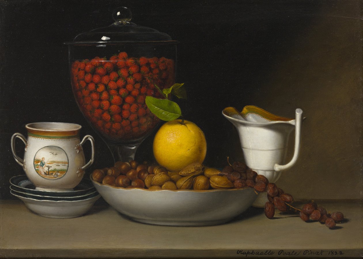 Asetelma - Mansikat, pähkinät, n. 1822 tekijältä Raphaelle Peale