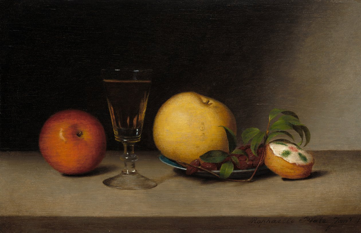 Asetelma omenoiden, sherryn ja teekakun kanssa tekijältä Raphaelle Peale