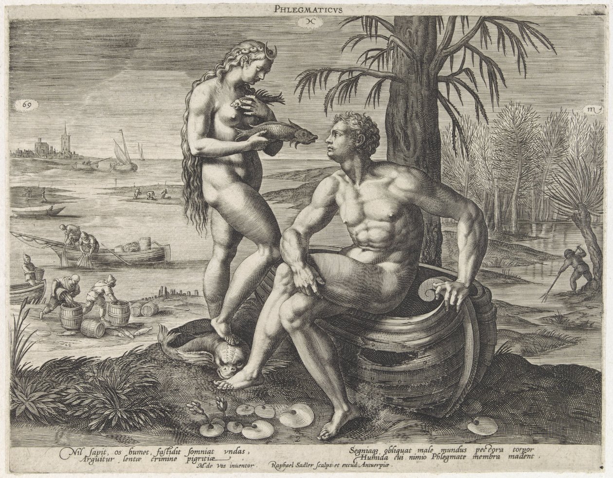 Flegmatistinen temperamentti Phlegmaticus (otsikko esineessä) Vier temperamenten (sarjan nimi) tekijältä Raphaël Sadeler (I)