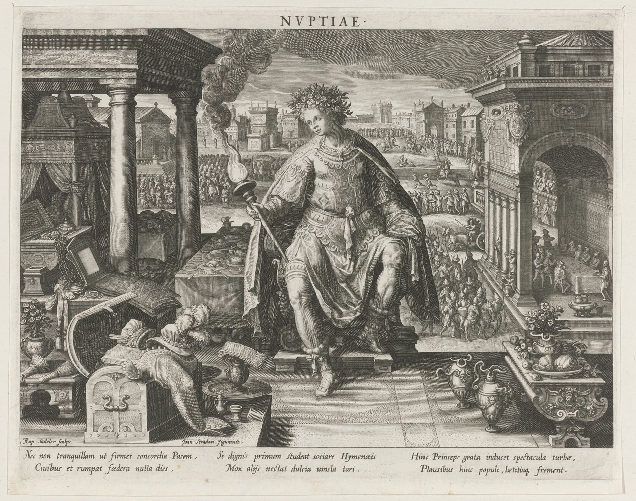Nuptiae avioliiton personifikaationa Nvptiae (otsikko objektissa) Prinssin päätoiminnat (sarjan nimi) Schema, seu speculum principum (sarjan nimi) tekijältä Raphaël Sadeler (I)