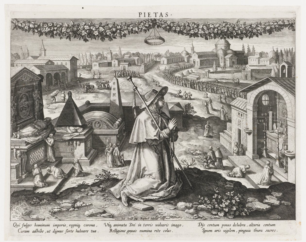 Pietas hurskauden persoonallisuutena Pietas (otsikko esineessä) Prinssin päätoiminnat (sarjan nimi) Schema, seu speculum principum (sarjan nimi) tekijältä Raphaël Sadeler (I)