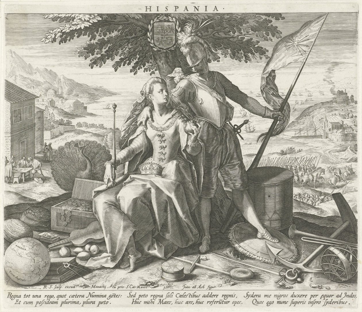 Espanja Junon ja Marsin kanssa Hispania (otsikko esineessä) Euroopan maiden allegoriset esitykset (sarjan nimi) tekijältä Raphaël Sadeler (I)