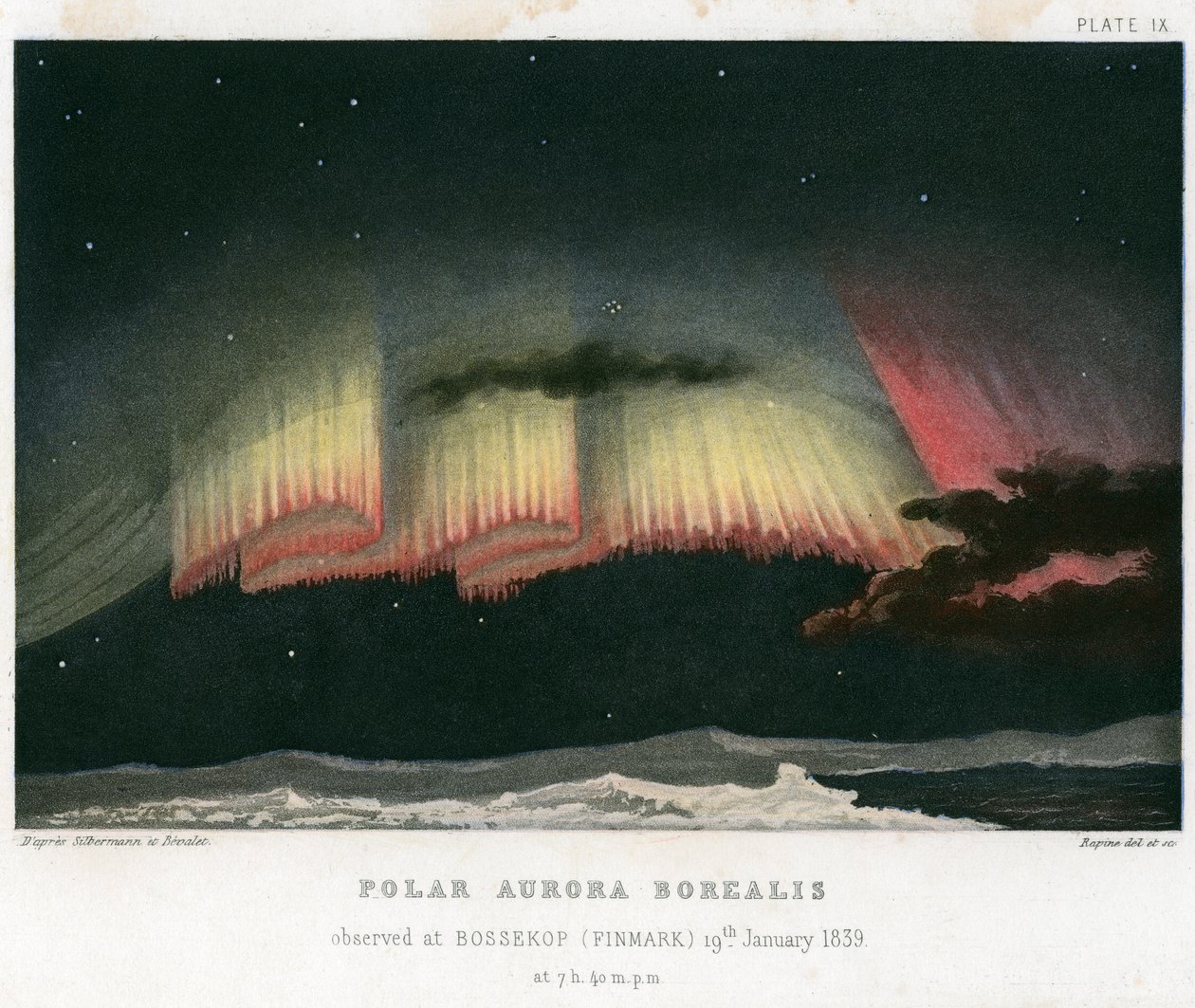 Aurora Borealis tai Northern Lights, verho muoto 1839. [1872] tekijältä Rapine
