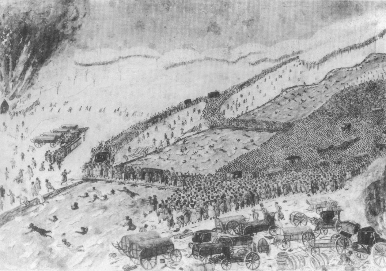 Le passage de la Berezina, 26. marraskuuta 1812. Lartiste n etait pas alors encore ne. Voir, dans set ouvrage: le Plan du Lieutenant Swidy. Au debouche des deux ponts, la Grande Armee traversa les marais sur la digue. Les troupes ei edusta edustajia tekijältä Raymond Fournier Sarloveze