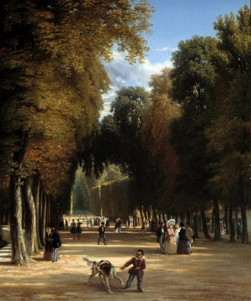 Kävele Parc de Saint Cloudiin (yksityiskohta). Raymond Esbratin (1809-1856) maalaus tekijältä Raymond Esbrat