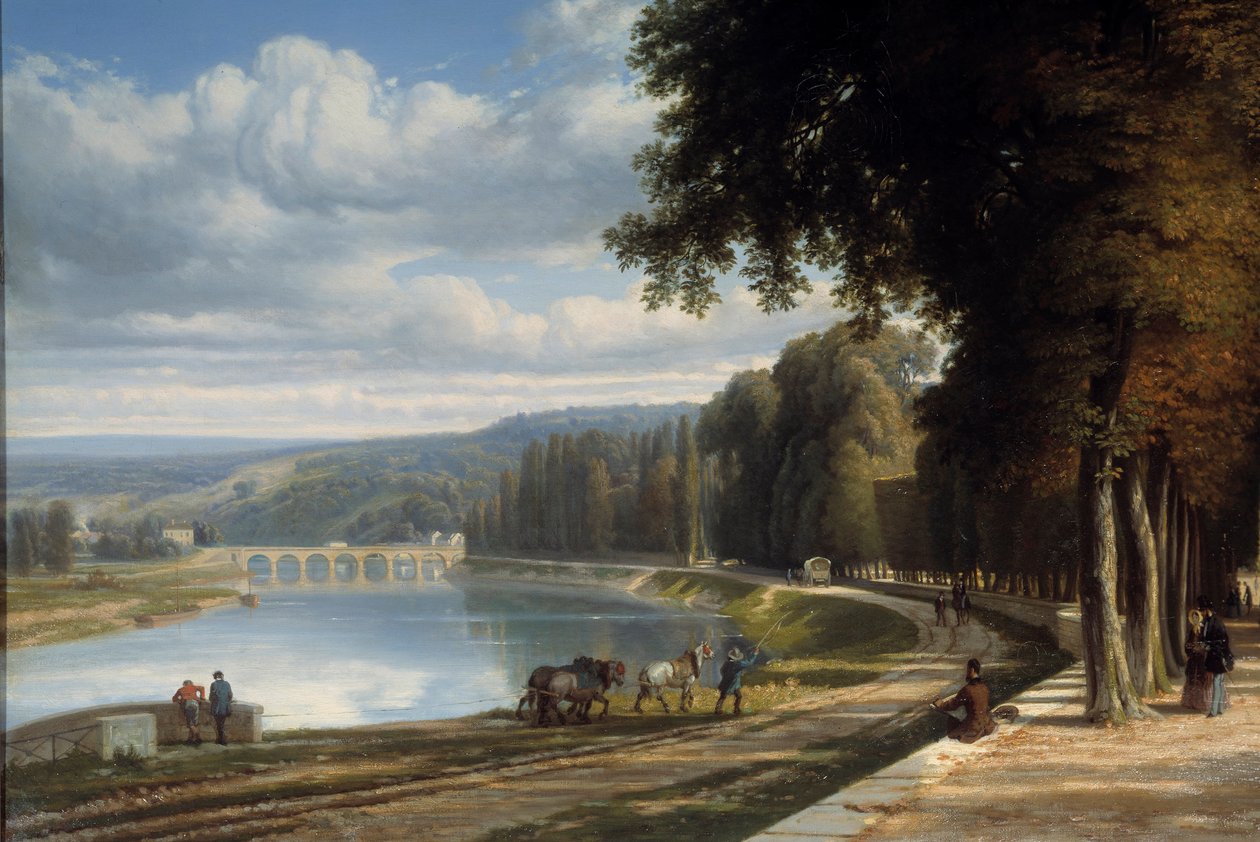 Kävele Parc de Saint Cloud -yksityiskohtaan Seinen rannalla, hevosia hinauspolulla. Raymond Esbratin (1809-1856) maalaus 1850 Roanne. Joseph Decheletten museo tekijältä Raymond Esbrat