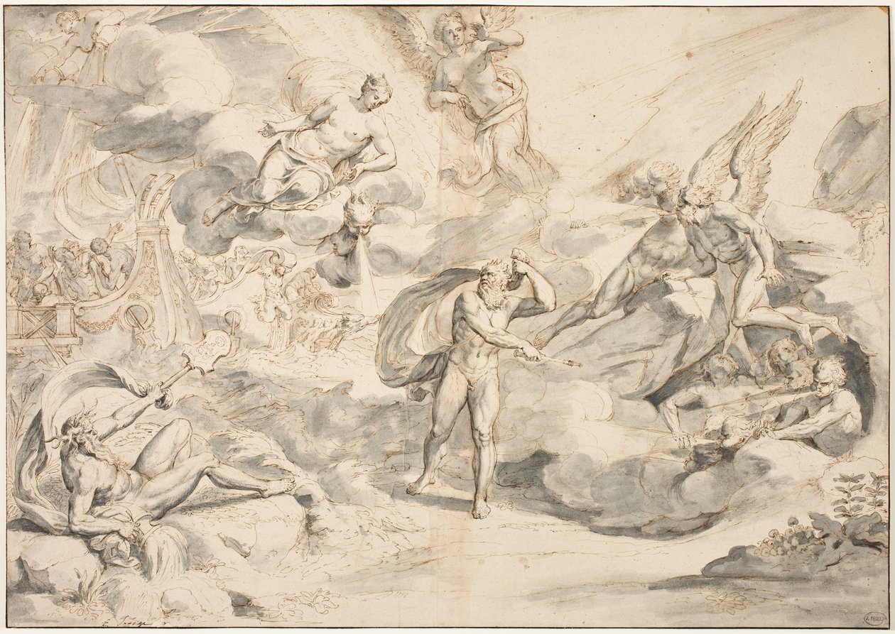 Aeolus tottelee Junosin komentoa luoda myrsky, n. 1683-1684 (kynä ja muste pesulla paperille) tekijältä Raymond Lafage