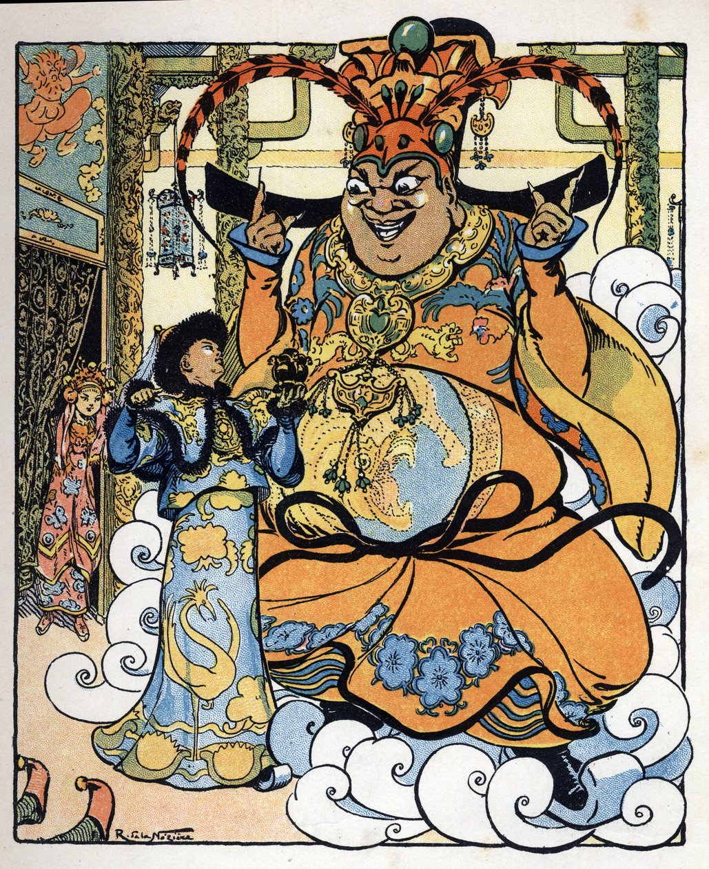 Aladdin, prinsessa Badroulboudour ja henki afrikkalaisen taikurin ruumiin edessä: kuvitus tarinaan "Aladin tai ihmeellinen lamppu" tarinassa "Arabian yöt". tekijältä Raymond de la Neziere