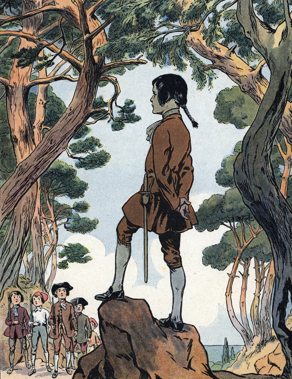 Napoleon Bonaparte (1769-1821) lapsi Ajacciossa, Korsikalla (Nuori Napoleon Bonaparte Ajacciossa, Korsikalla) Kuvitus Raymond de Neziere teoksessa "Our-glories-nationales" 1920 Yksityiskokoelma DR tekijältä Raymond de la Neziere