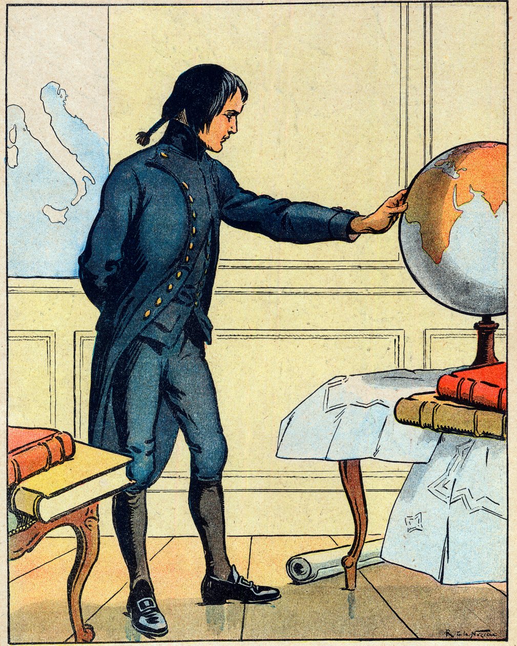 Napoleon Bonaparte (1769-1821) katselee maapalloa Briennen koulussa 19-vuotiaana, otos teoksesta "Nos-Gloires Nationales", 1920 (kaiverrus). tekijältä Raymond de la Neziere
