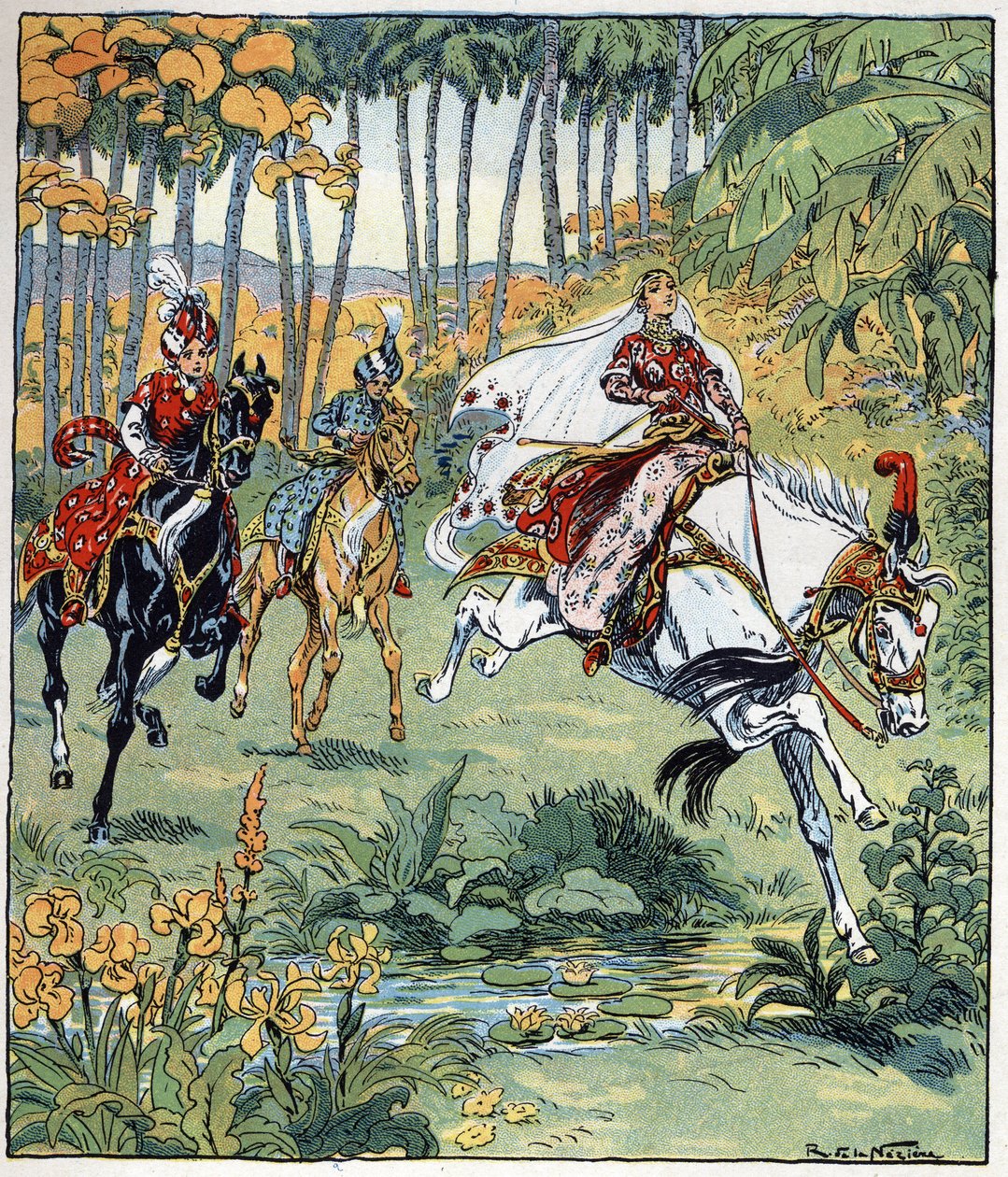 Parizade ohittaa veljensä Bahmanin ja Pervisin hevoskilpailussa. Raymond de La Nezieren (1865- 1953) kuvitus tarinaan "Histoire des deux sœurs jealous de leur cadette" teoksessa "Les mille et une nuits" (Les 1001 nuits ou Le mille e una notte, A tekijältä Raymond de la Neziere