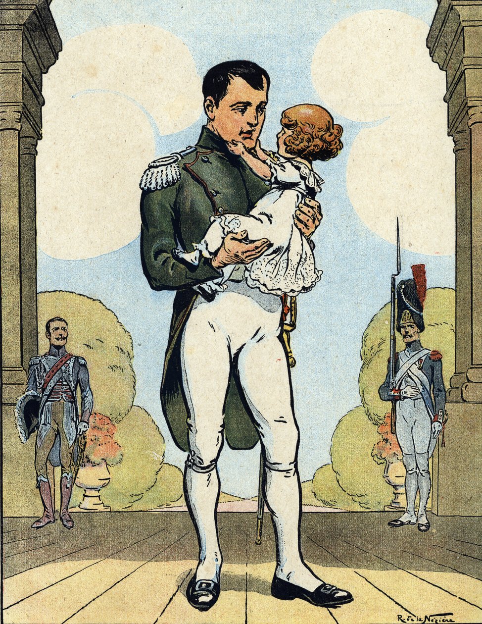 Muotokuva keisari Napoleon I:stä (1769-1821) ja hänen pojastaan Aiglonista (1811-1832) (Rooman kuningas Napoleon II, Reichstadtin herttua) (Ranskan keisari Napoleon I ja hänen poikansa Napoleon II) Raymond de Nezieren kuvitus teoksessa "Our-Glories-Nationa tekijältä Raymond de la Neziere