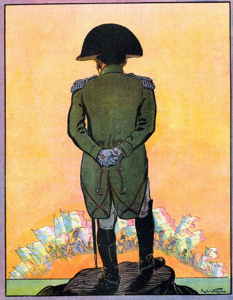 Napoleon I:n (1769-1821) muotokuva Pyhän Helenan saarella. Napoleon I Sainte Helenan saarella (Sainte-Helene) kuvasta "Nos-Gloires-Nationales" n. 1920 (kaiverrus). tekijältä Raymond de la Neziere