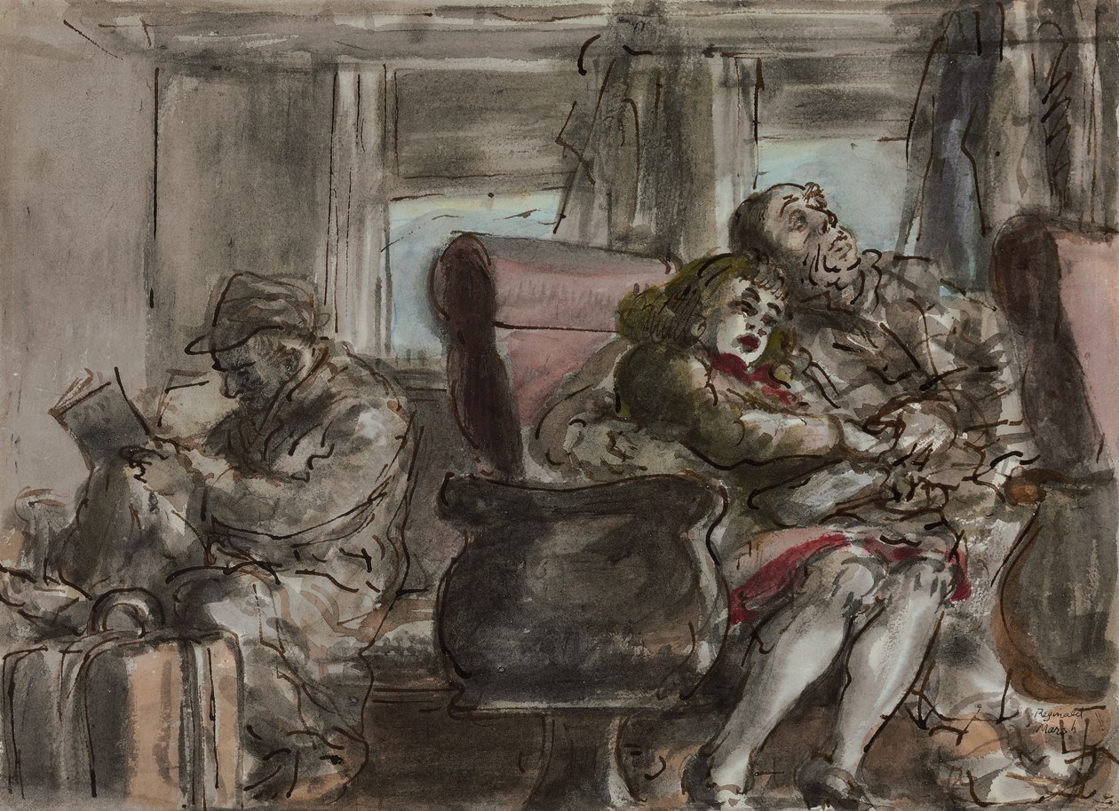Matkustajia junavaunussa (akvarelli, tussi ja lyijykynä paperille) tekijältä Reginald Marsh