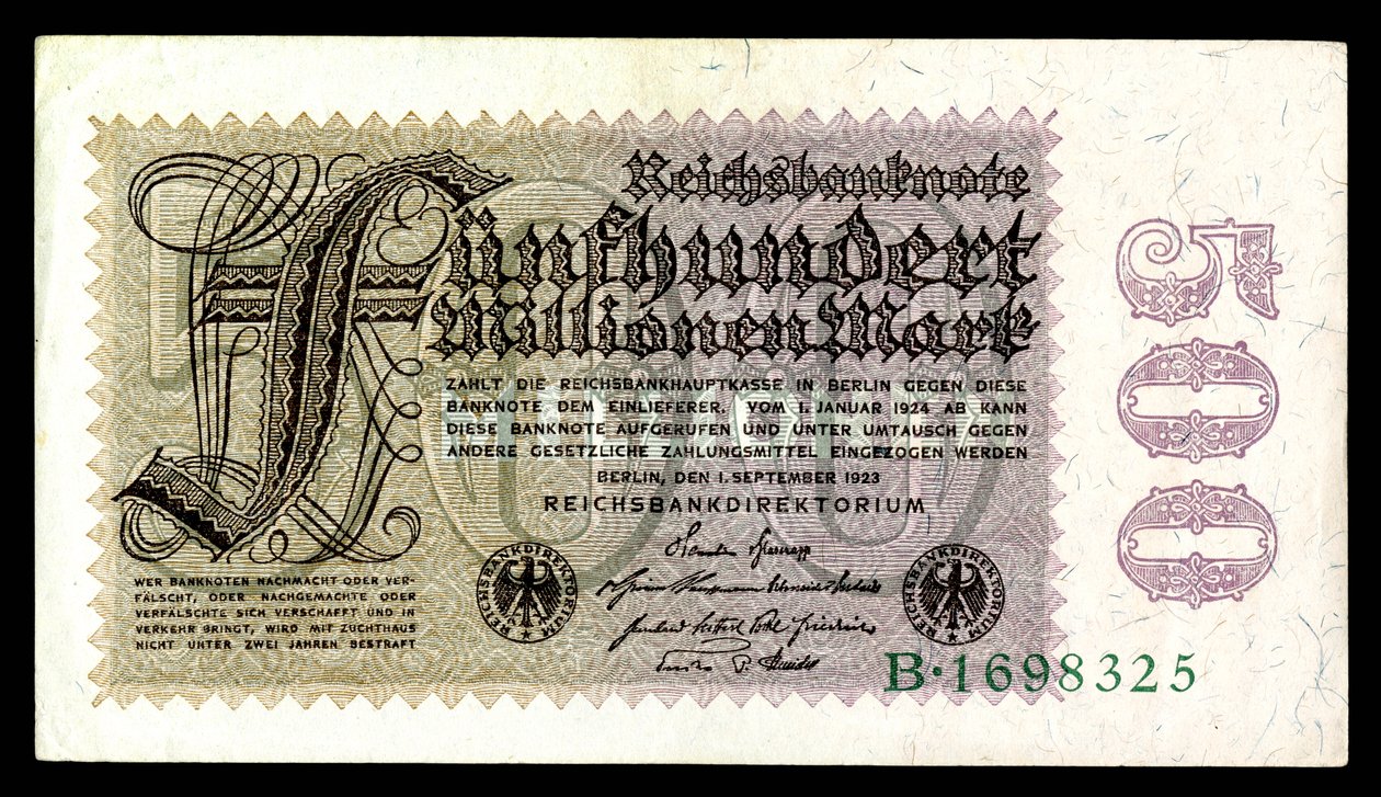 Weimarin tasavallan paperimerkki ensimmäisen maailmansodan jälkeisen hyperinflaation aikakaudella (1921–24) tekijältä Reichsbankdirektorium Berlin
