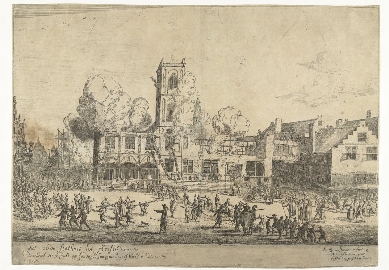 Amsterdamin vanhan kaupungintalon palo Amsterdamin vanha kaupungintalo paloi 7. heinäkuuta sunnuntaiaamuna kello puoli kaksitoista Ao 1652 (otsikko esineessä) tekijältä Reinier Nooms