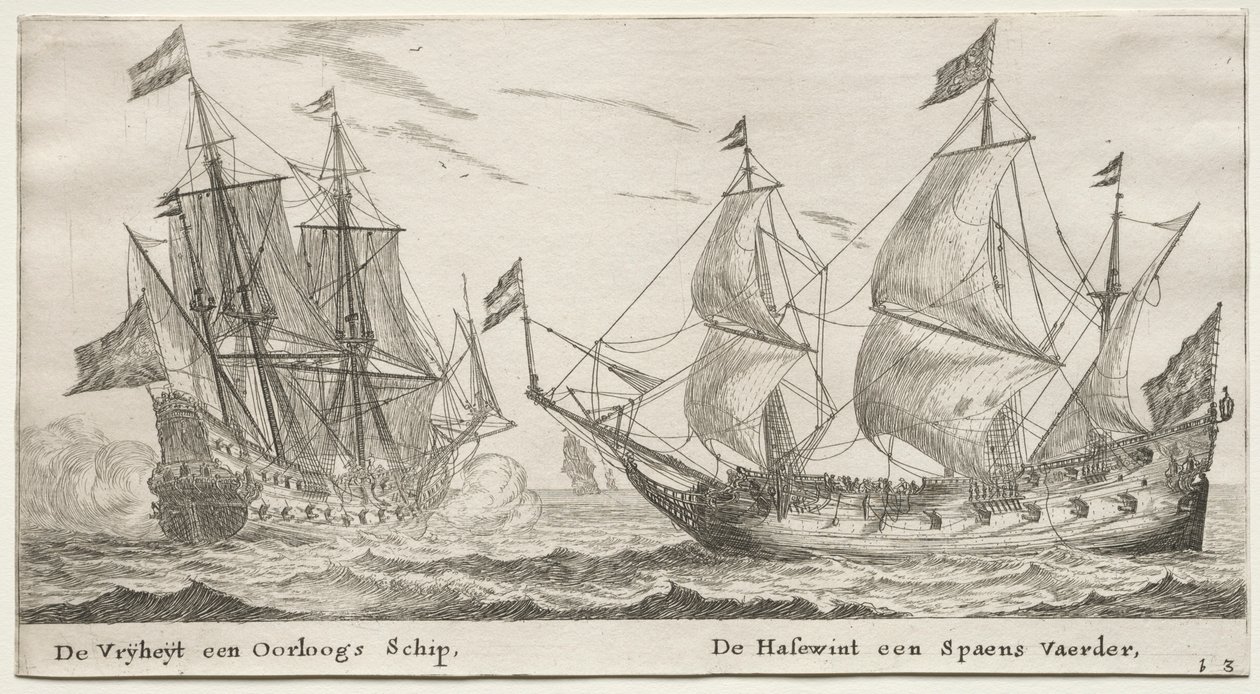 Amsterdamin laivat: The Freedom, a Man-of-War. Susikoira, espanjalainen alus. tekijältä Reinier Nooms