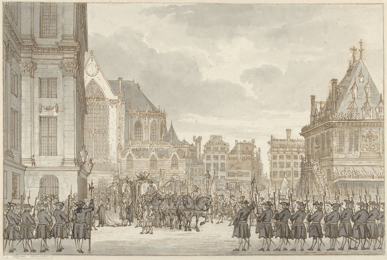 Preussin prinssi William V:n ja Frederica Sophia Wilhelminan saapuminen kaupungintaloon Dam-aukiolle Amsterdamissa, 30. toukokuuta 1768 tekijältä Reinier Vinkeles (I)