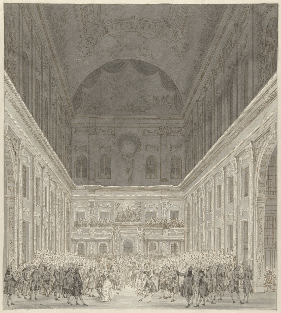 Ball Amsterdamin kaupungintalon kansalaissalissa Preussin prinssi William V:n ja Wilhelminan vierailun kunniaksi kesäkuussa 1768 tekijältä Reinier Vinkeles (I)