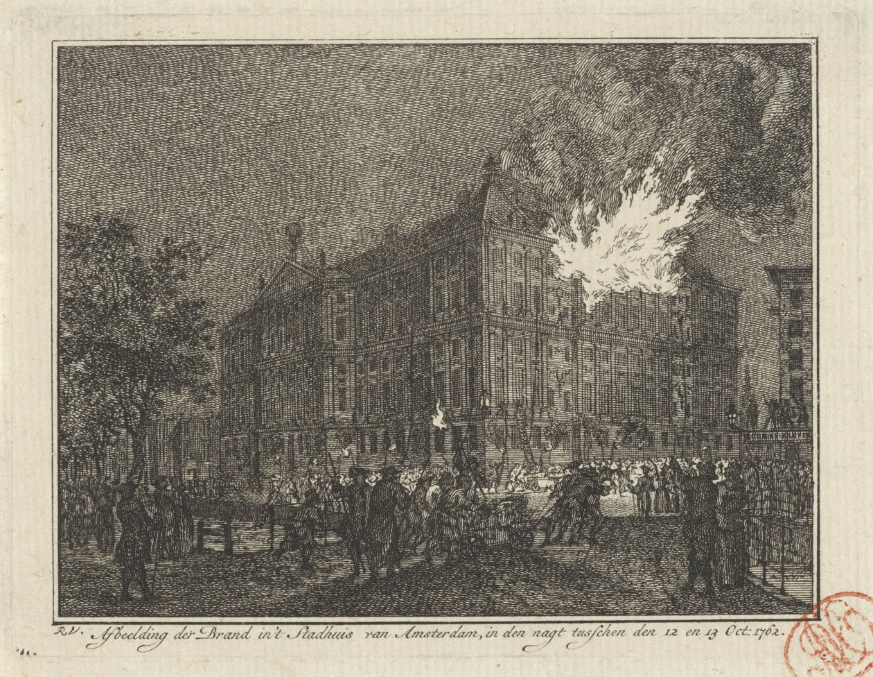 Tuli Amsterdamin kaupungintalossa, 1762 Kuvaus tulesta Amsterdamin kaupungintalossa yöllä 12. ja 13. lokakuuta 1762 (otsikko esineessä) tekijältä Reinier Vinkeles (I)