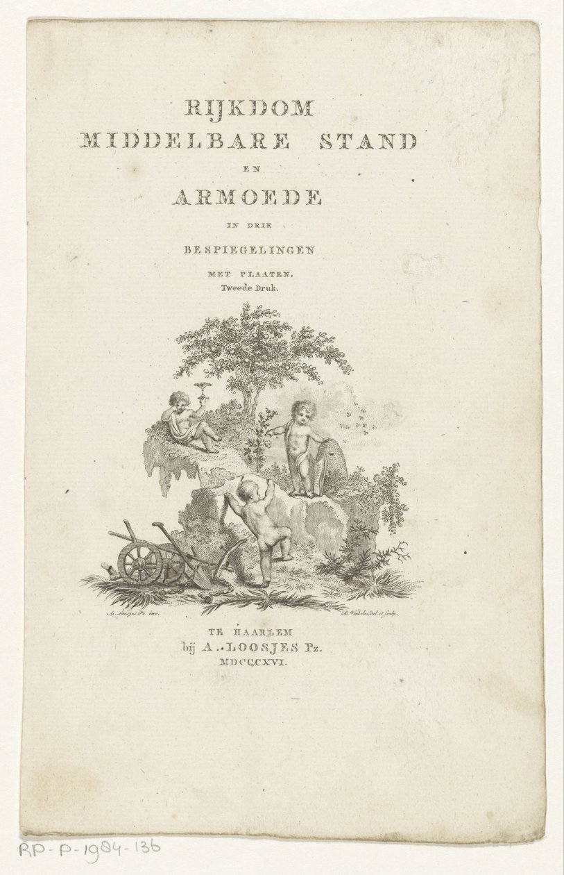 Kolme puttia ominaisuuksilla vuoristomaisemassa Otsikko sivulle: Adriaan Pietersz. Loosjes, Keskiluokan rikkaus ja köyhyys kolmessa heijastuksessa, 1816 tekijältä Reinier Vinkeles (I)