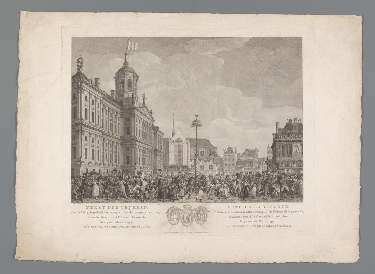 Vapauden juhla Dam-aukiolla Amsterdamissa, 4. maaliskuuta 1795 Vapaudenjuhla, vietetään vapauspuun vihkimisen yhteydessä, Amsterdamissa, Vallankumouksen aukiolla, 4. maaliskuuta 1795. Batavian vapauden ensimmäinen vuosi / Fête de la L tekijältä Reinier Vinkeles (I)