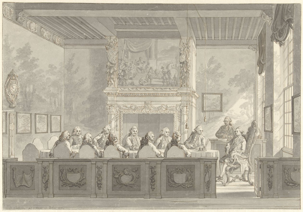Prinssi William V:n istuin College of the Admiraltyssa Amsterdamissa tekijältä Reinier Vinkeles (I)
