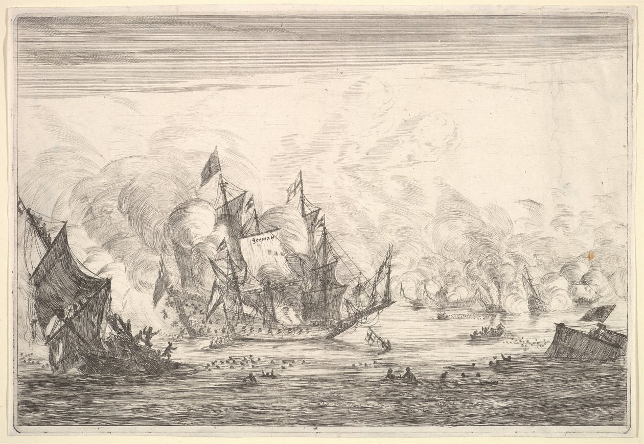 Meritaistelu englantilaisen laivan perustajan kanssa vasemmalla, Naval Battles Nieuwe Sc..., 1652-54. tekijältä Reinier Zeeman
