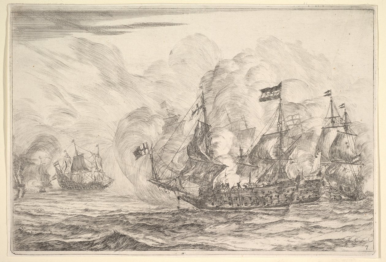 Merivoimien kohtaaminen kolmen aluksen kanssa oikealla, meritaisteluista Nieuwe Scheeps Bat..., 1652-54. tekijältä Reinier Zeeman