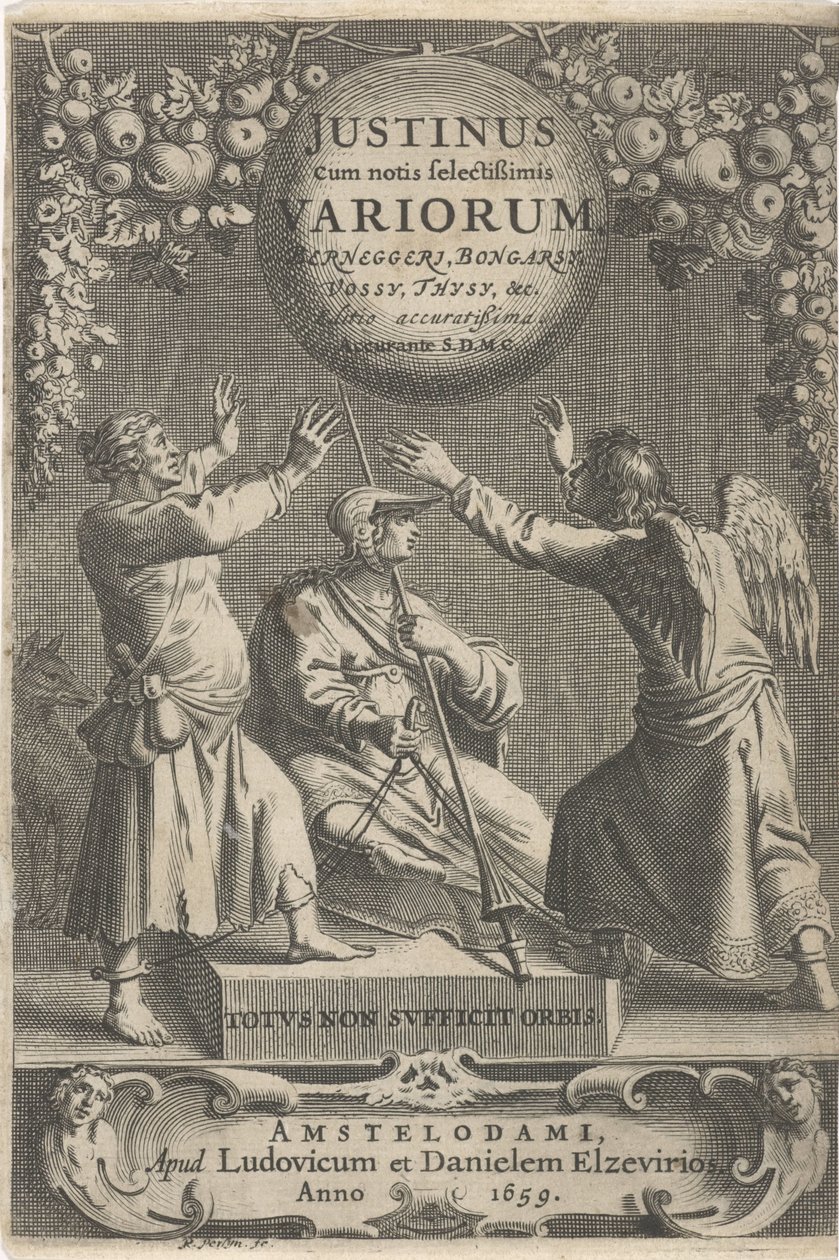 Minerva ja twee geketende figuren Otsikko voor: A. Thysius, Justinus cum notis selectissimis variorum Berneggerj, Bongarsy, Vossy, Thysy jne, 1659 tekijältä Reinier van Persijn