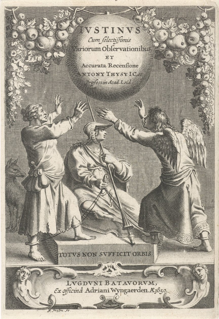 Minerva en twee geketende figuren Titelpagina voor: A. Thysius, Justinus valikoiduimmilla erilaisilla havainnoilla ja yksityiskohtaisella katsauksella, 1650 tekijältä Reinier van Persijn