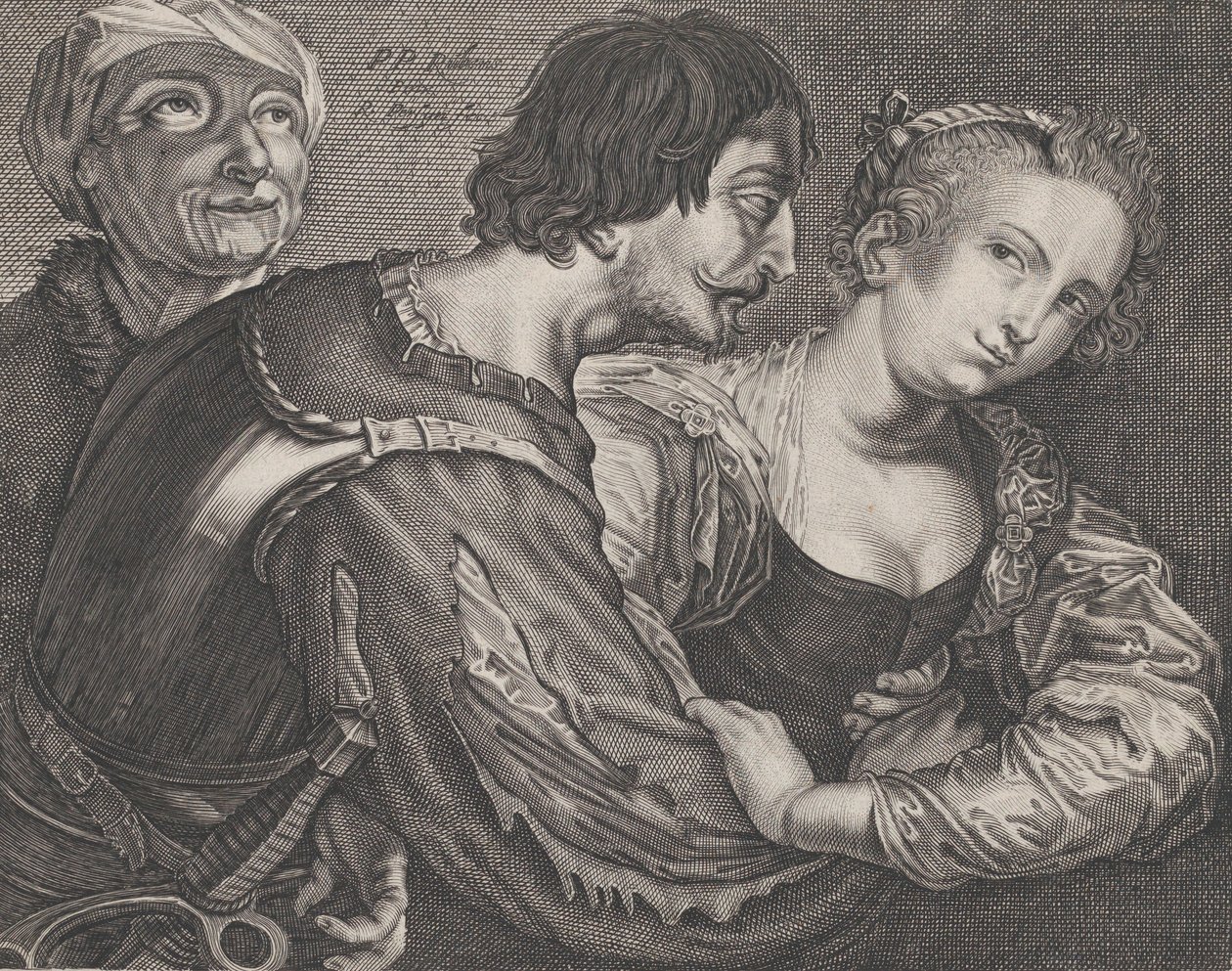 Hankinta: vanha nainen, sotilas ja nainen, n. 1635-68. tekijältä Reinier van Persyn