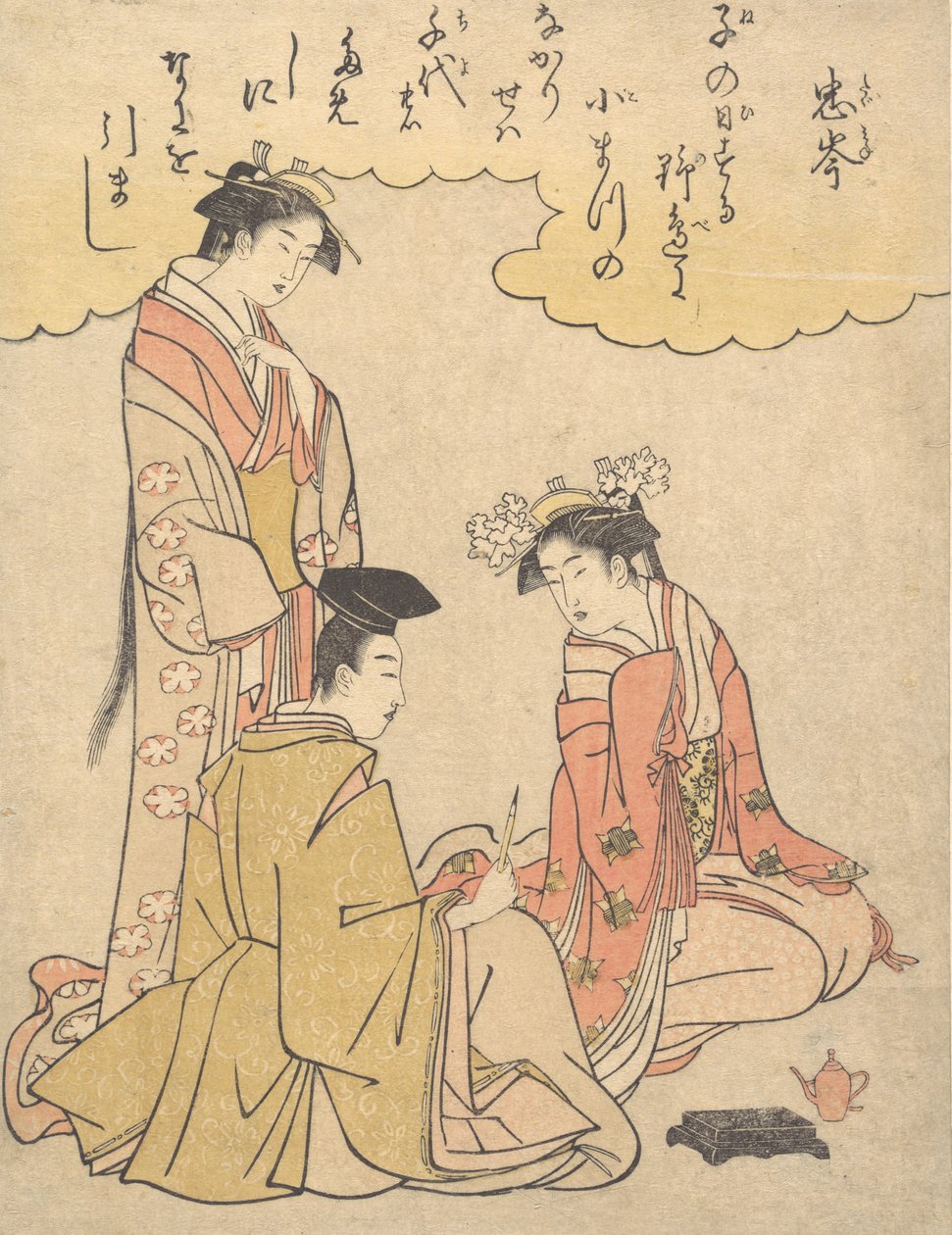 Courtier ja Two Ladies of Court, runon Mibu no Tadamine, noin. 1791, n. 1791. tekijältä Rekisentei Eiri